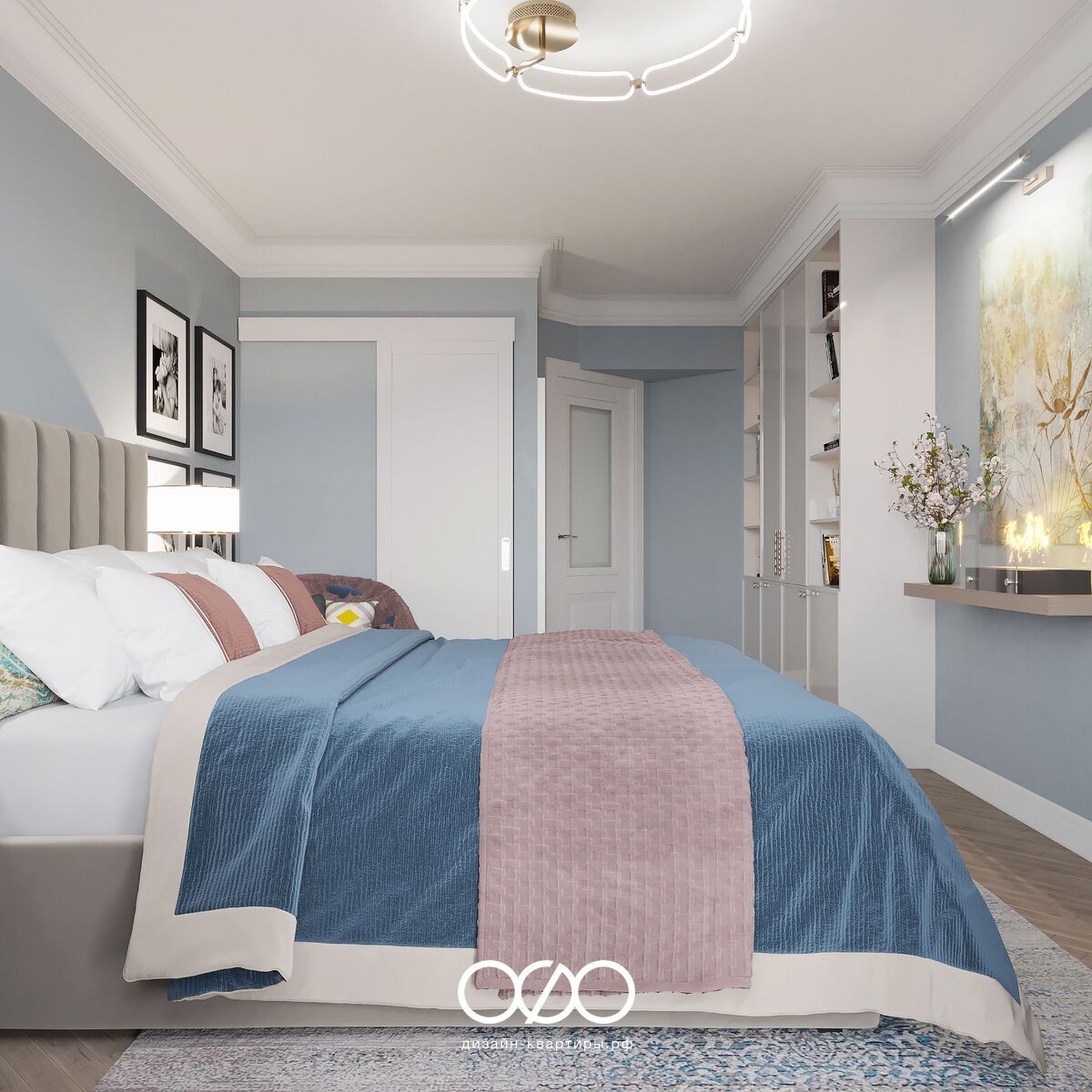 Дизайн серо-голубой спальни