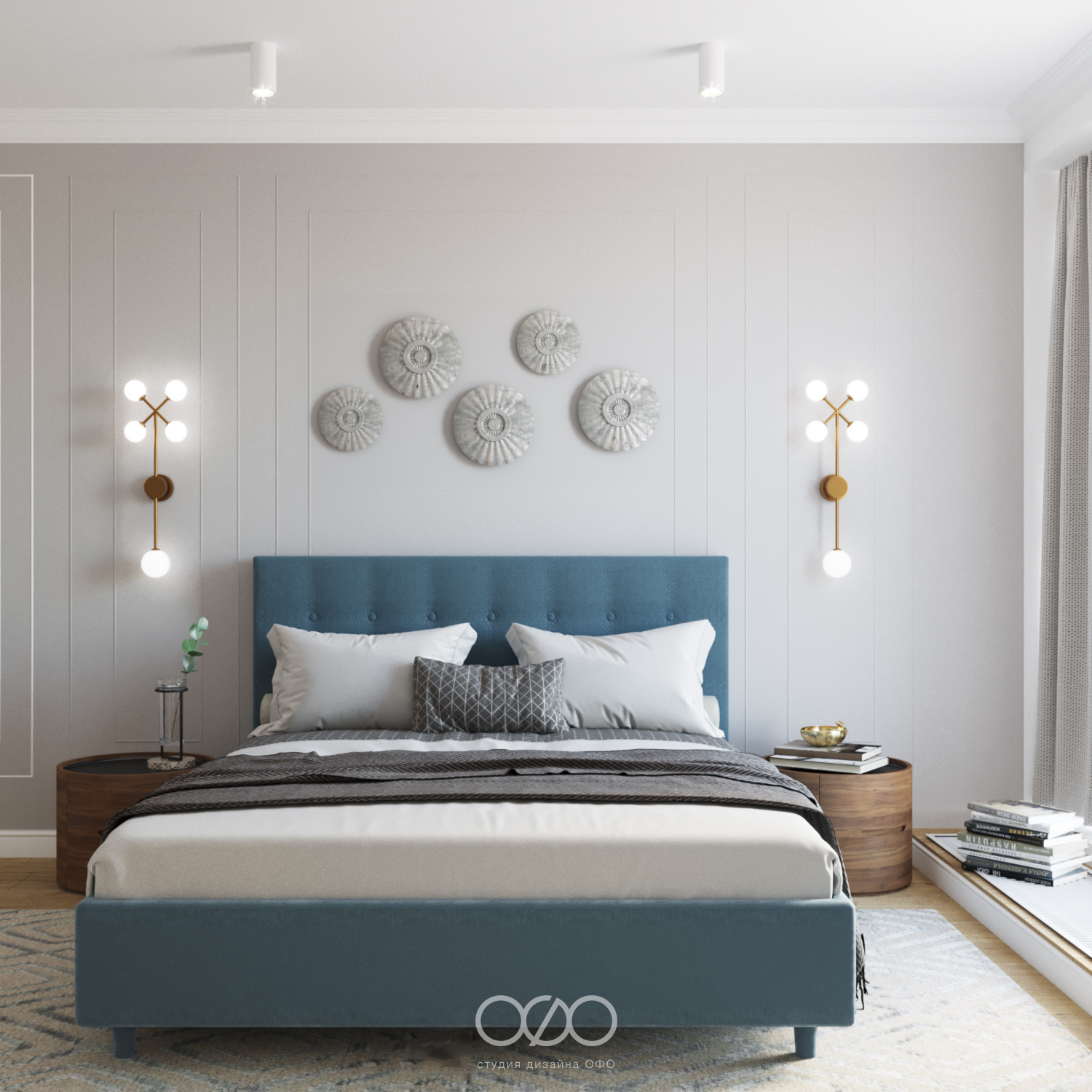 Дизайн серо-голубой спальни