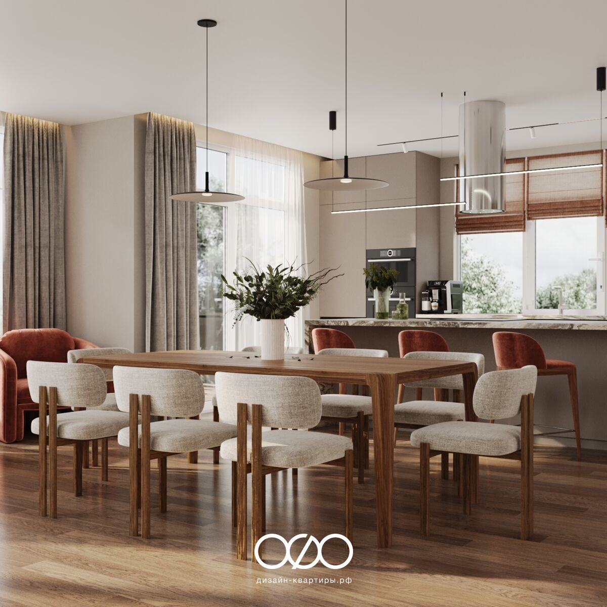 Интерьер 166 м² в светлой гамме: кухня-гостиная 79 м², спальня, детская, кабинет. Уютный дом для молодой семьи, где всё на своём месте.
