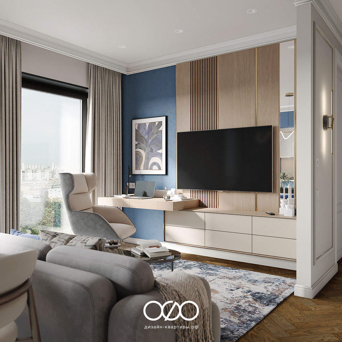 Актуальный дизайн трёшки 61 м² в ЖК City Bay, Москва. Тёплая палитра, умные решения и «под ключ». Закажите дизайн-проект в студии «Печёный».