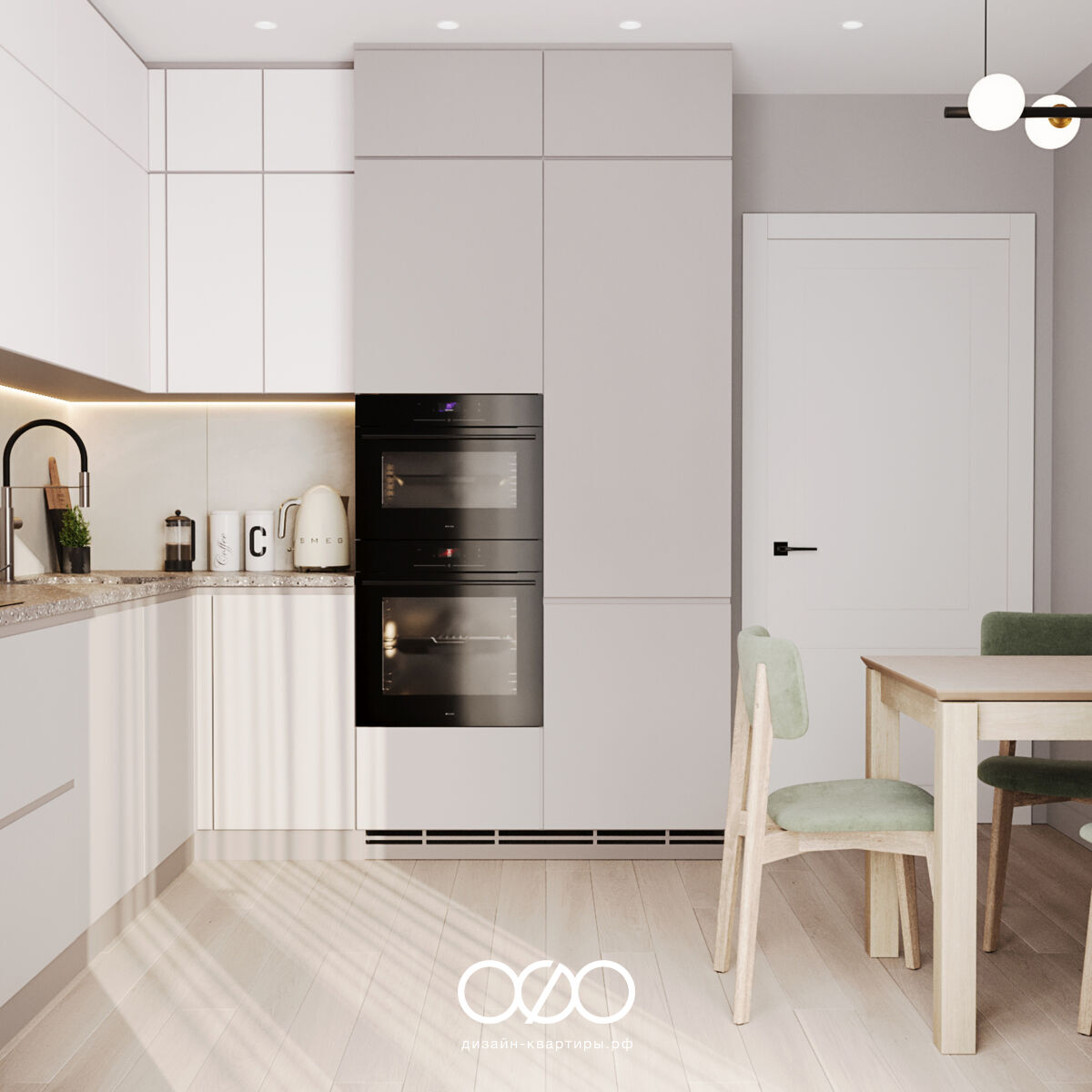 Современный дизайн квартиры 62 м² возле метро Кантемировская. Реальный дизайн-проект: кухня, гостиная, спальня и санузел.