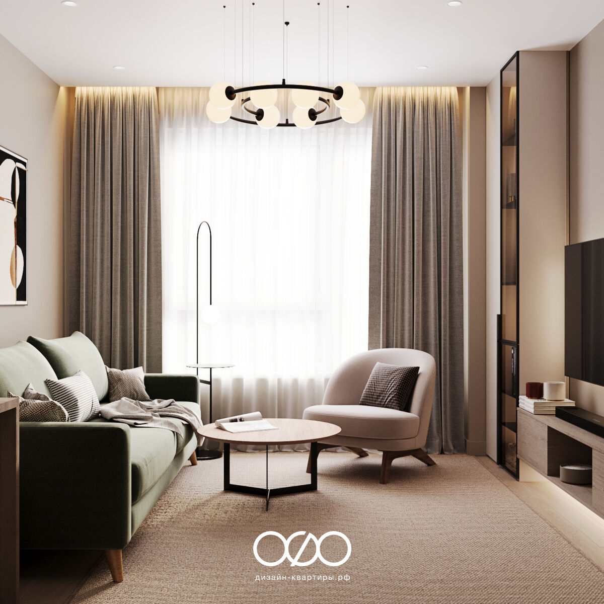 Современный дизайн квартиры 62 м² возле метро Кантемировская. Реальный дизайн-проект: кухня, гостиная, спальня и санузел.