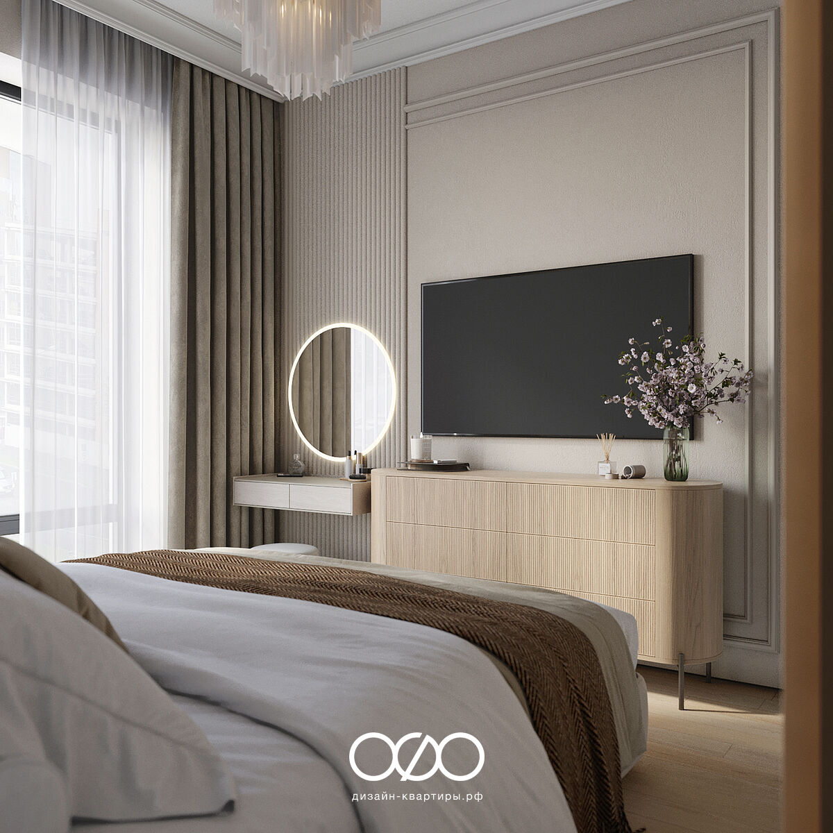 Интерьер квартиры 65 м² в неоклассике: светлая кухня-гостиная, продуманная перепланировка и уютный дизайн для молодой пары.